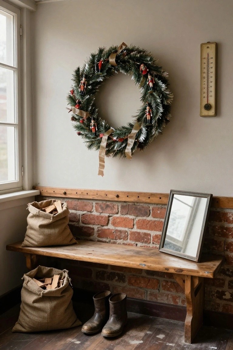 Christmas wreath decorated with nutcracker figures and red berries hanging on a light gray wall above a wooden bench with two burlap sacks of firewood, rubber boots on the floor, a mirror leaning nearby, and a thermometer on the wall in a room with exposed brick and a window.