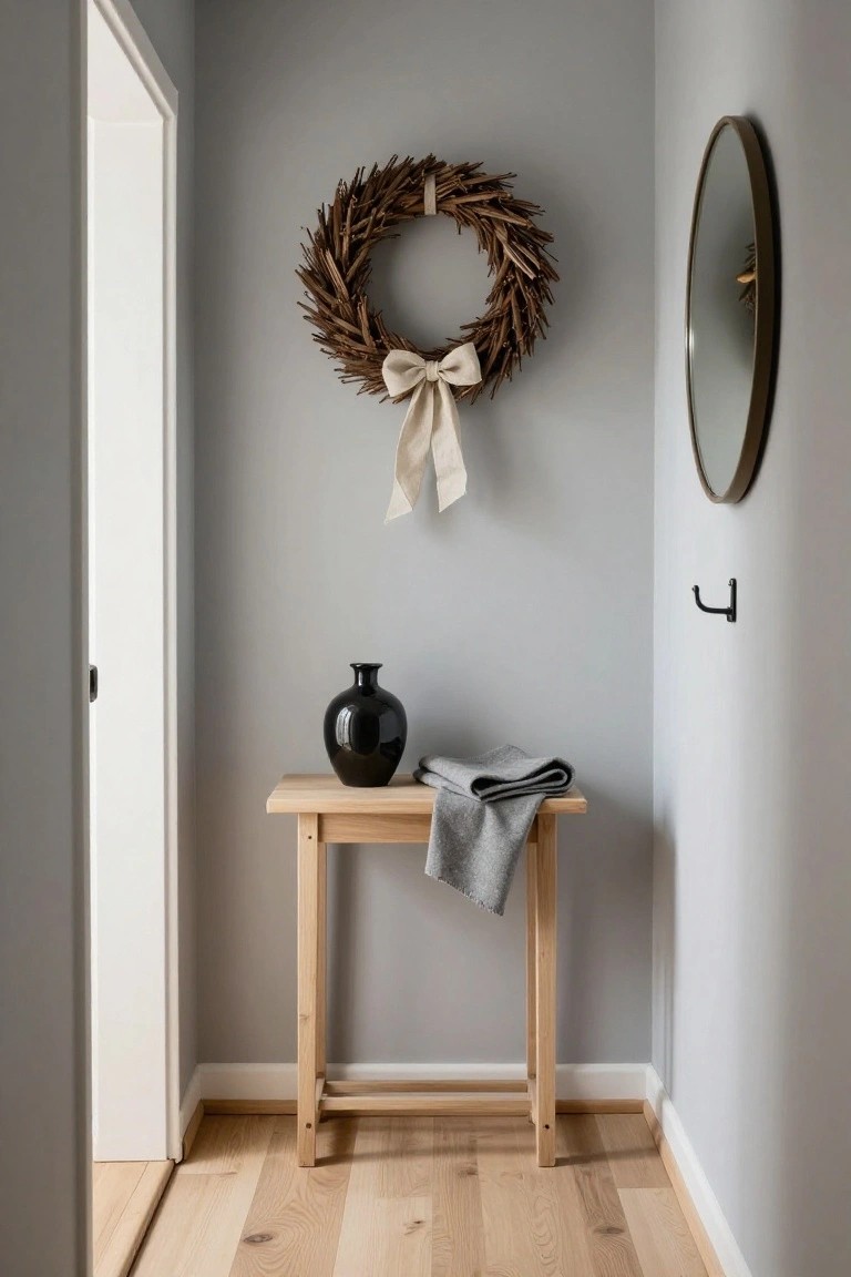 Narrow gray-painted hallway corner with open white door, brown wheat stalk wreath with white bow on wall above wooden console table holding black vase and gray cloth, round mirror and coat hook on adjacent wall, oak flooring.