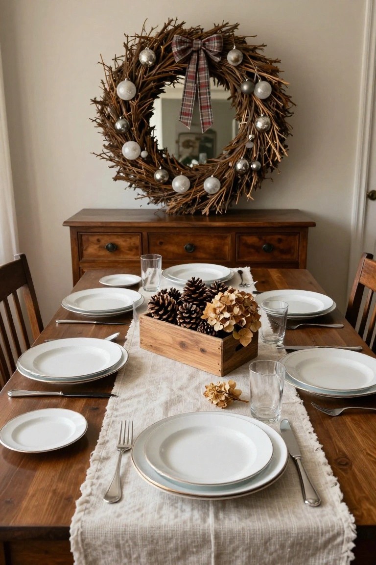 Rustic Christmas wreath made of natural branches with silver ornaments, plaid bow, and central mirror, hanging above a wooden dresser next to a set dining table with white plates, pinecones, and glasses.