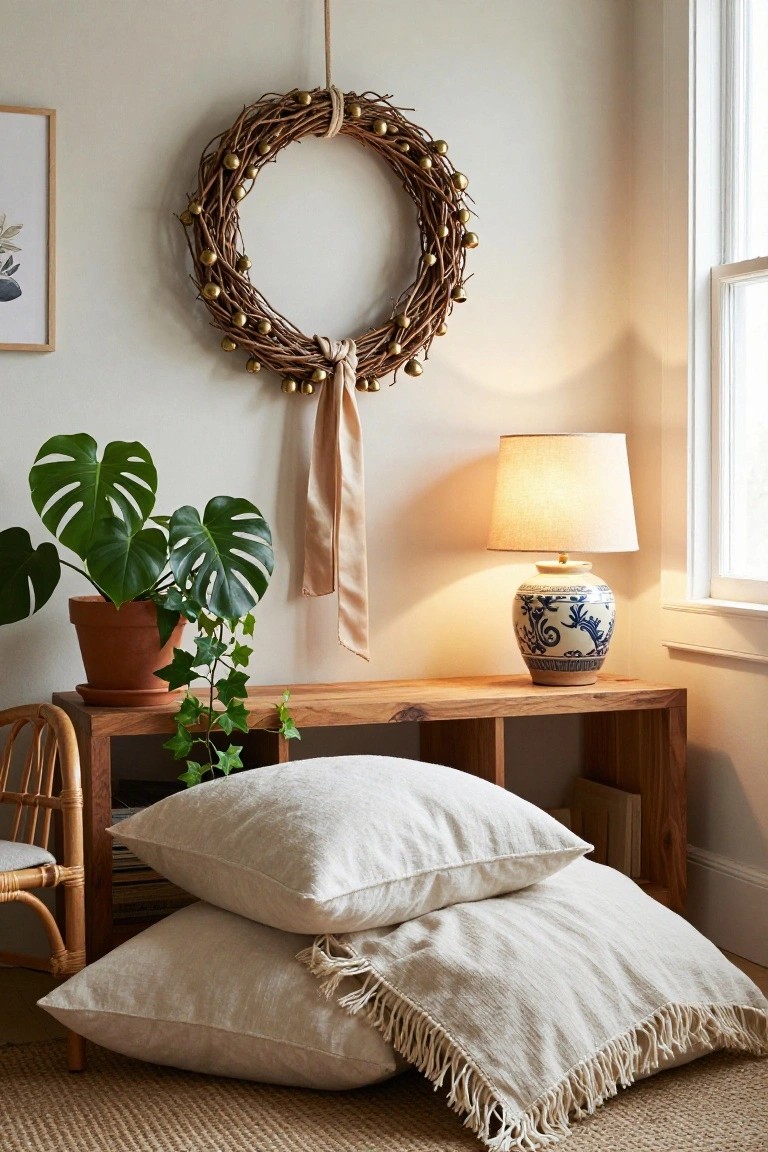 Rustic Wreath Over a Wood Bench