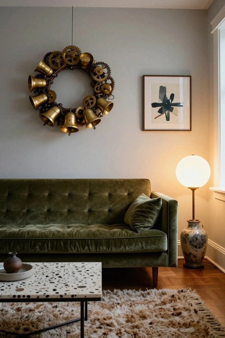 A large wreath made of brass bells and gears hangs on a light gray wall above a green velvet sofa in a living room with a terrazzo coffee table holding a small bowl, a white globe lamp, a blue and white vase, and an abstract black line drawing in a frame.