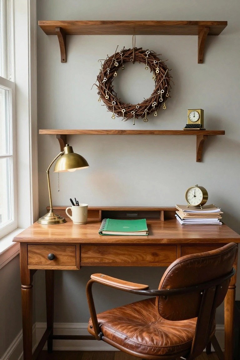 Gray wall in a home office nook with wooden shelves holding a gold typewriter and clock, grapevine wreath with brass key ornaments hanging between shelves, wooden desk with green notebook, stacked papers, brass lamp, white mug with pens, and brown leather armchair.