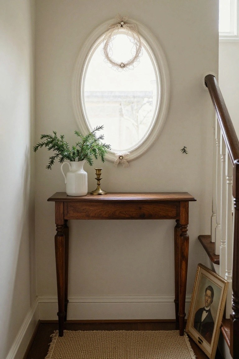 Oval window with white lace-trimmed wreath in a pale stairwell corner, above wooden console table holding white jug of evergreen branches and brass candlestick, beside white balustrade stairs and leaning framed portrait on wood floor with seagrass rug.