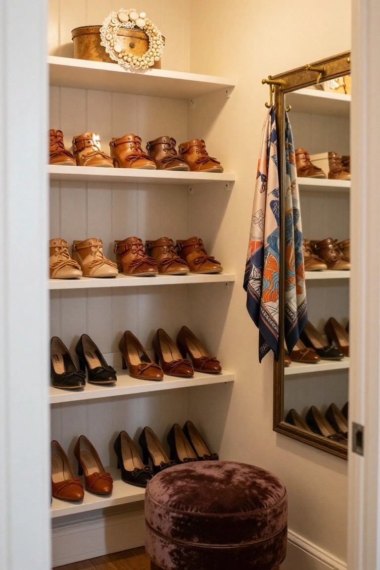Walk-in closet with white wood shelves holding rows of brown, black, and tan women's shoes, a gold-framed mirror with hanging scarves, a purple velvet stool, and a pearl and shell wreath on a tin box atop the top shelf.