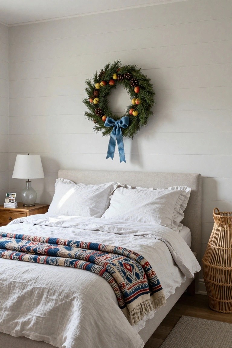 Bedroom interior with a Christmas wreath of greenery, oranges, and pinecones with a blue bow hanging on a white shiplap wall above a bed with white linen sheets, colorful woven throw blanket, bedside lamp on wooden nightstand, and rattan basket nearby.