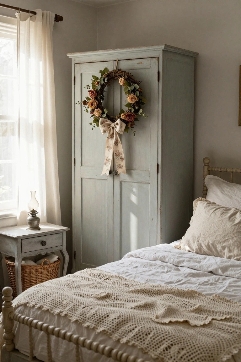 Corner of a light gray bedroom with tall pale blue painted armoire decorated by a wreath of dried roses, greenery, and eucalyptus tied with cream fabric bow, beside spool bed with white sheets and crochet blanket.