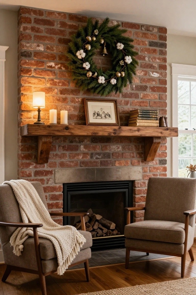 Brick interior fireplace wall with wooden mantel holding white candles, books, and a small framed artwork, large evergreen Christmas wreath featuring cotton bolls and gold bells mounted on the bricks above the black firebox, two armchairs with cream throws nearby on wood floor.