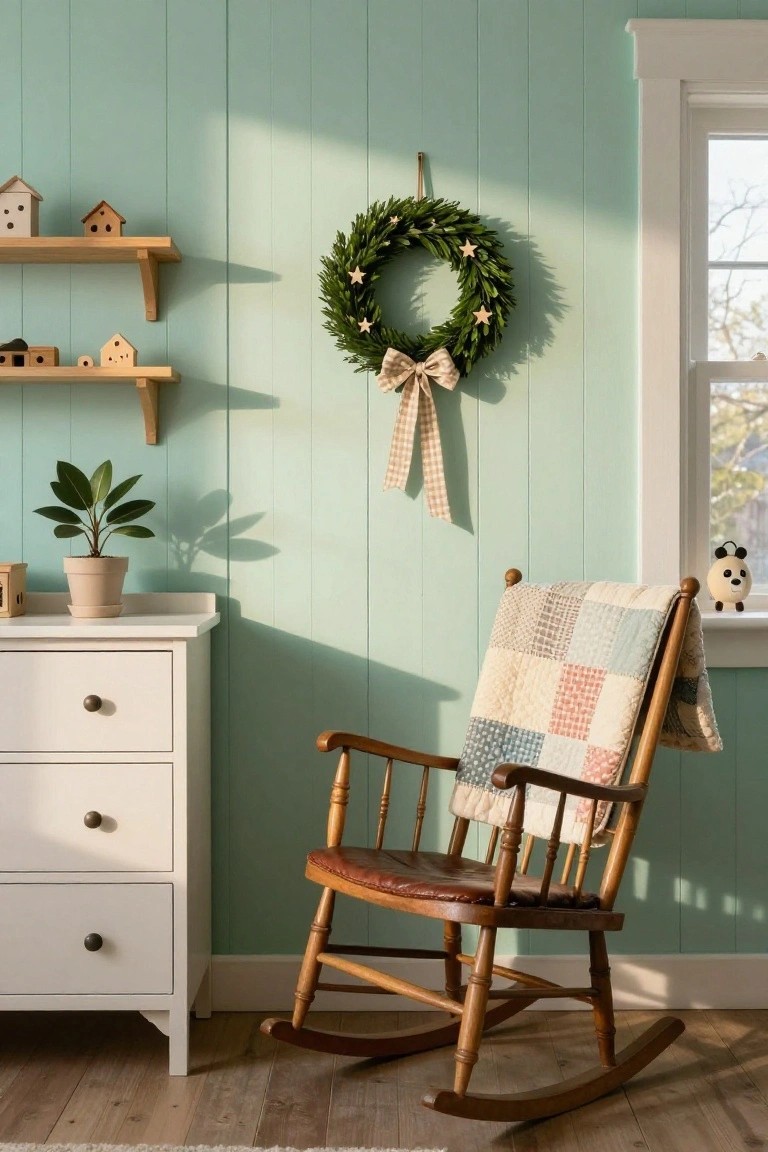 Mint green paneled nursery wall with wooden shelves holding toy houses, potted plant on white dresser, quilt-draped wooden rocking chair, and fresh evergreen Christmas wreath with stars and checkered bow hanging beside window.