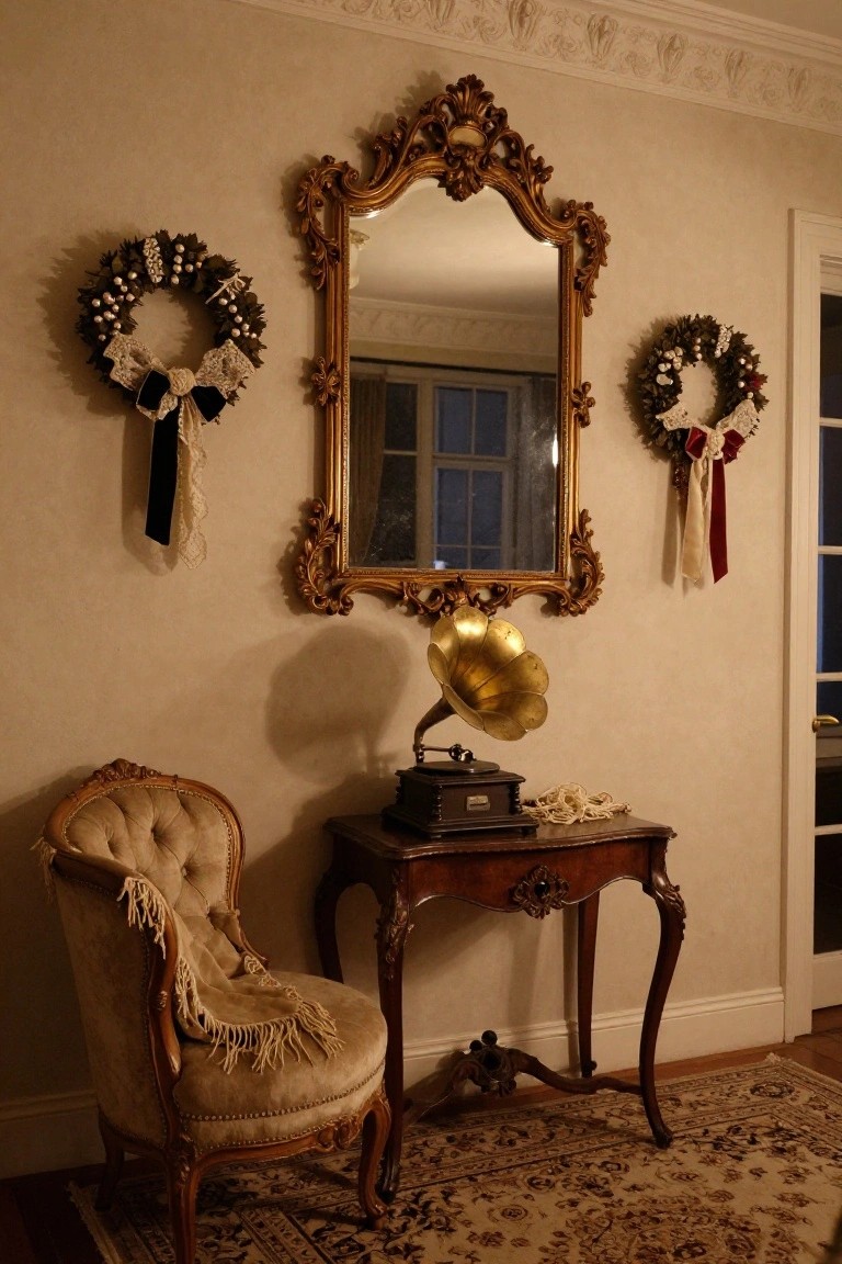 Beige interior hallway with ornate gold-framed mirror centered on wall, flanked by two Christmas wreaths of pine with ribbons and ornaments, gramophone on wooden table below mirror, tufted armchair nearby on patterned rug.