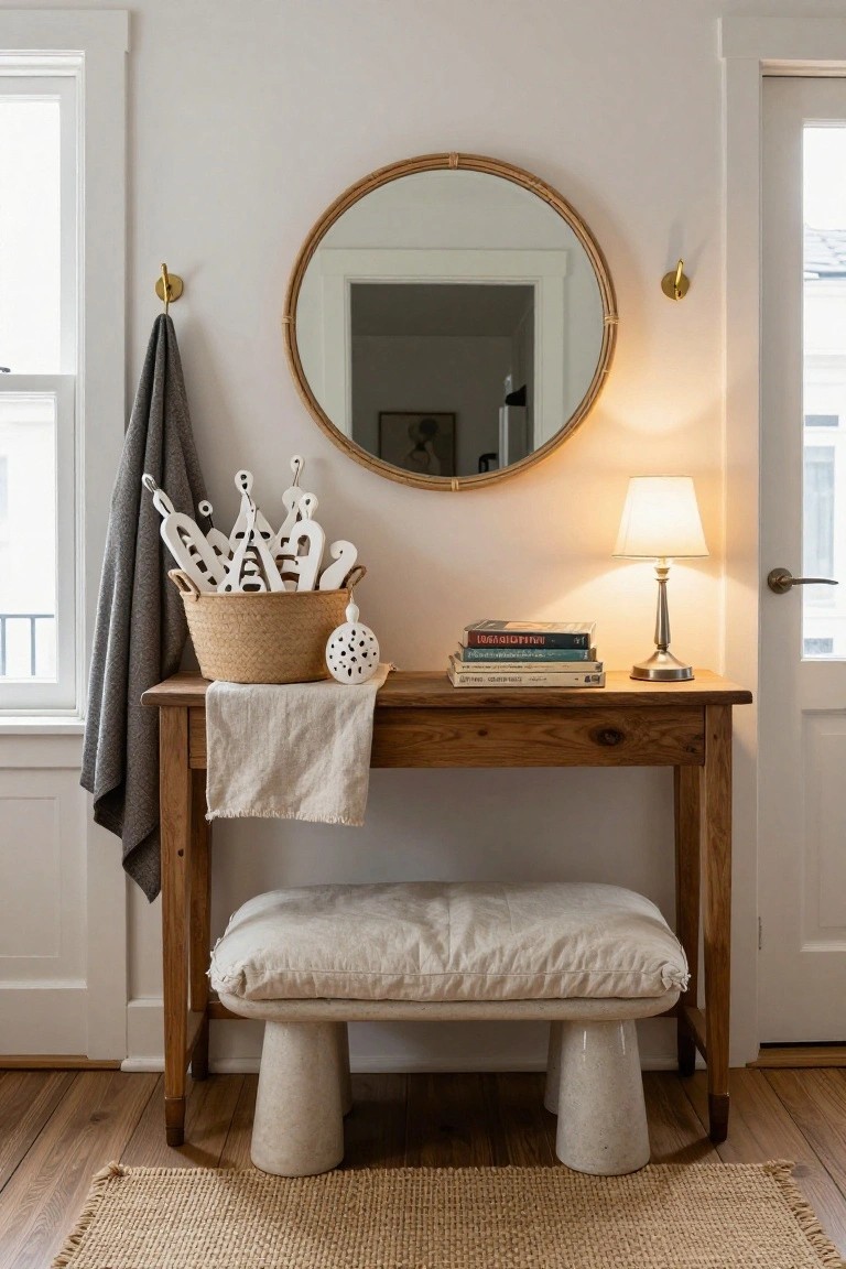Entryway with wooden console table holding seagrass basket of white wooden hanger-shaped ornaments, stacked books, table lamp, ceramic orb, linen runner, and pouf stool, round rattan mirror on wall, neutral room with windows.