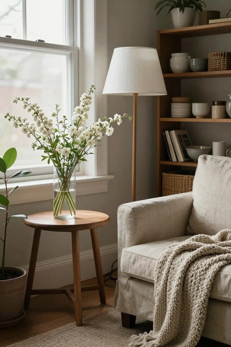 Cozy indoor corner with beige armchair draped in cream knit throw, wooden side table holding tall glass vase of white flowering branches, potted plants, tall floor lamp, wooden bookshelf with ceramics and books, next to large window.