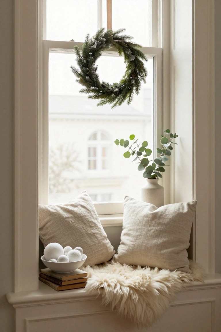 Close-up of a beige window seat inside a room, with white linen pillows, sheepskin rug, stack of books, white bowl of frosted ornaments, eucalyptus in a vase, and evergreen wreath hanging on the window overlooking a light exterior view.