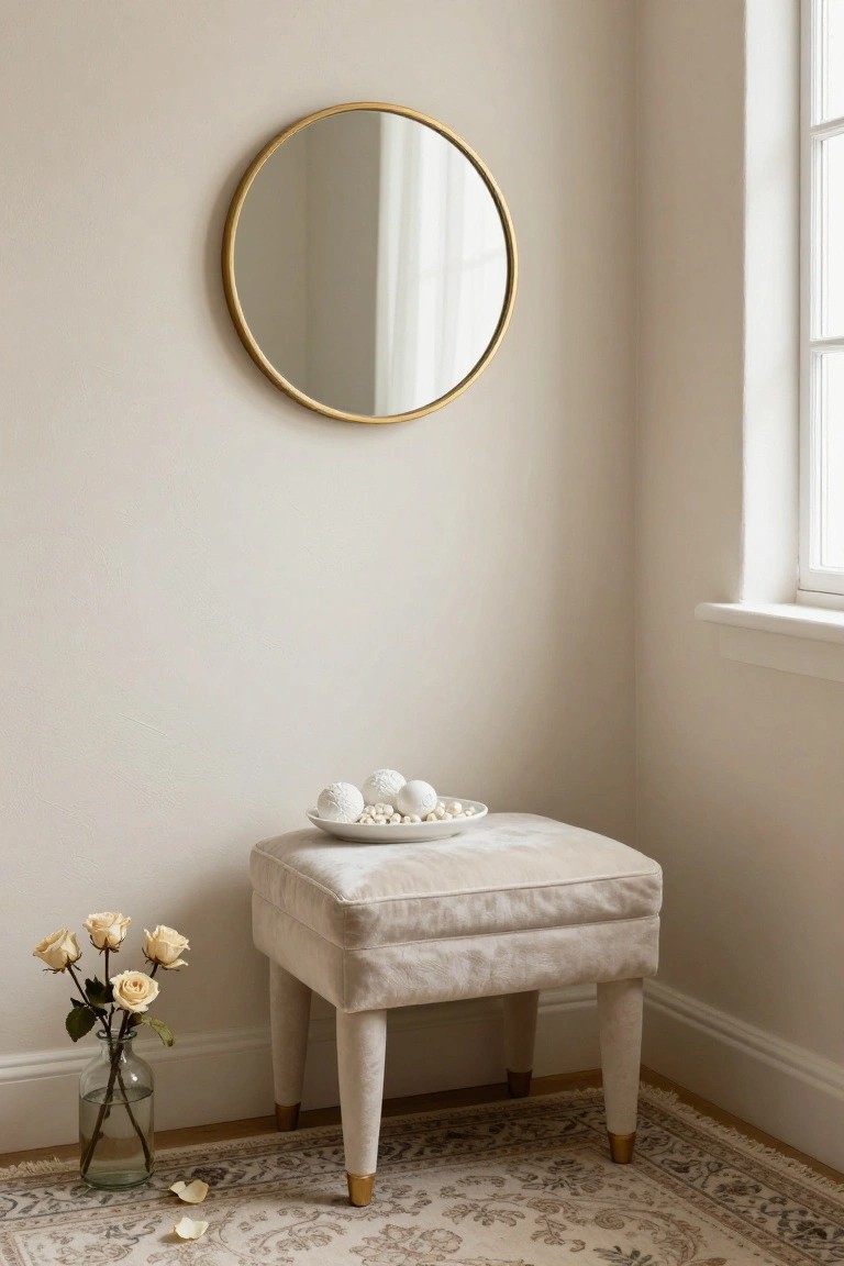 Cream upholstered stool in beige room corner topped with white dish of textured white spheres, beside glass vase of pale roses on floor, gold round mirror on wall near window, patterned rug below.