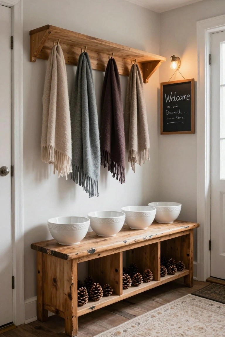 Rustic wooden entry bench topped with three white scalloped bowls and filled with pinecones in lower shelves, scarves draped on nearby wooden wall rack, chalkboard welcome sign, and neutral walls in an indoor entry space.