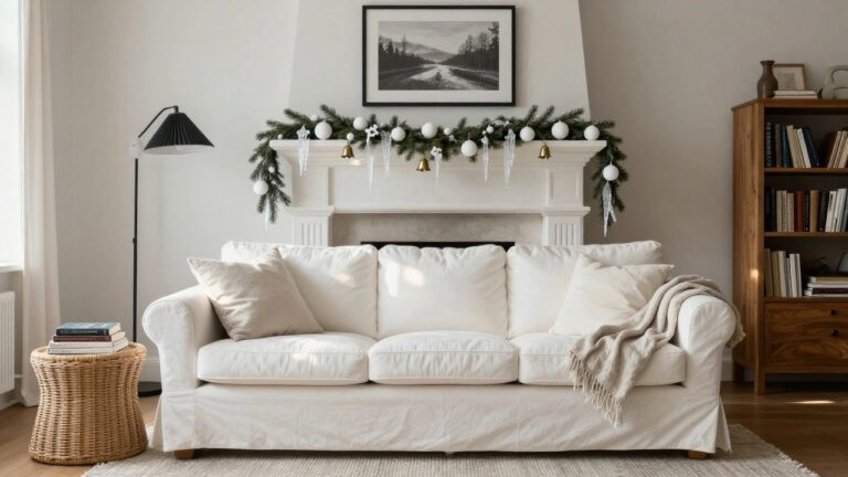 White marble fireplace mantel with evergreen garland draped across it, adorned with white round ornaments, bells, and hanging icicle ribbons, next to oak bookshelves and a white linen sofa in a light-filled living room.