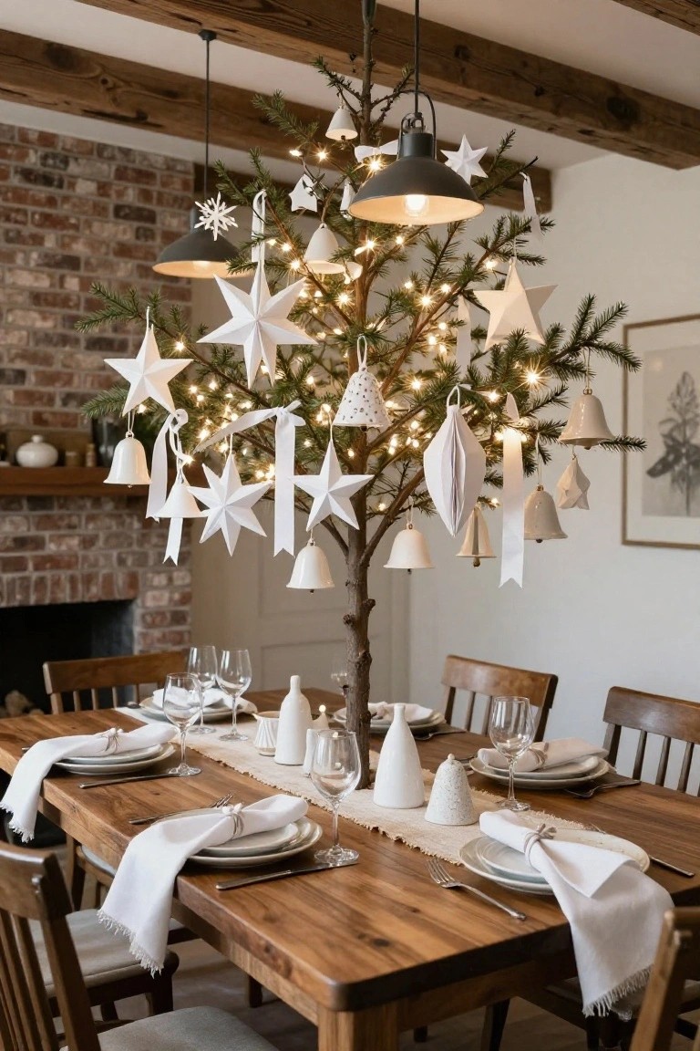 Slim Christmas tree suspended from wooden ceiling beams above a wooden dining table set with white napkins, wine glasses, and plates in a room with exposed brick wall and pendant lights.