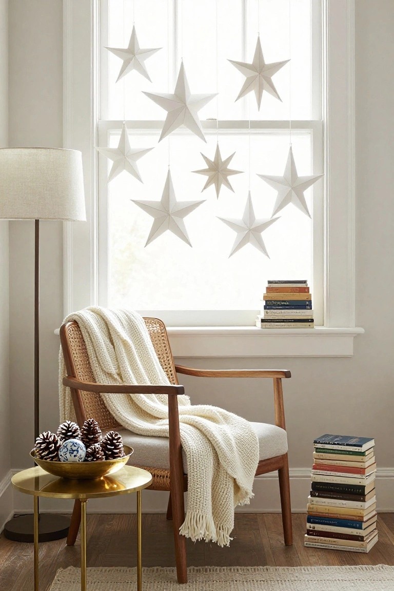 Interior view of a light gray living room corner with white paper star garlands hanging from a large window, rattan armchair with white knit throw, brass side table with pinecones in blue-and-white bowl, stacks of books on windowsill, and floor lamp nearby.