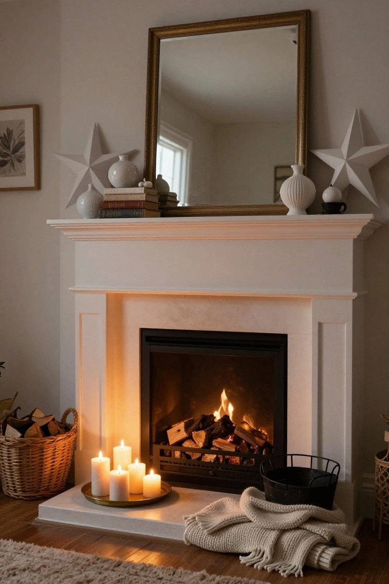A white fireplace mantel topped with large white paper star ornaments, white vases, stacked books, and pillar candles on a brass tray, with a gas fire burning inside and log baskets and a throw blanket nearby.