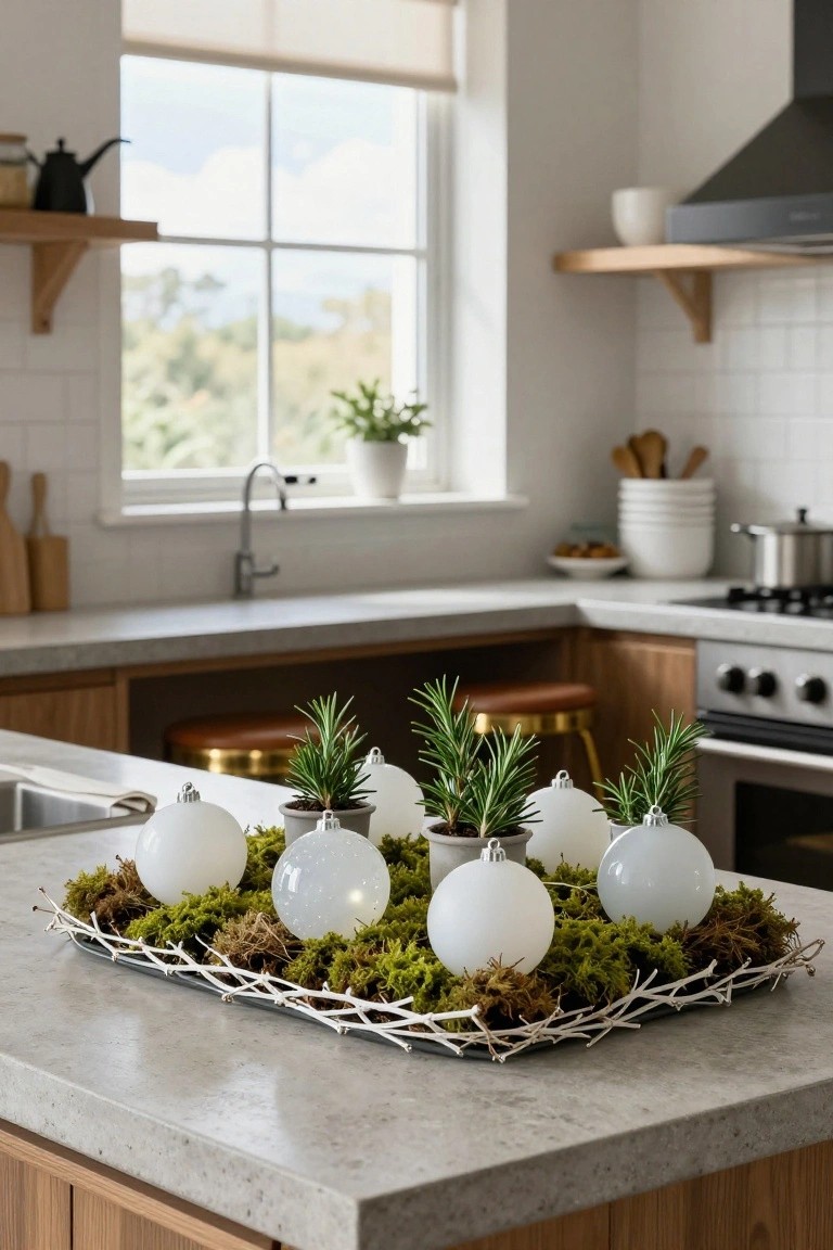 A modern kitchen with a centerpiece of white ornaments and greenery on moss.