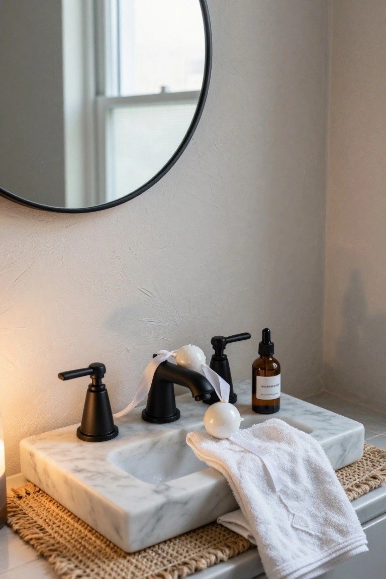 White marble bathroom sink with black faucets wrapped in white ribbon holding several white Christmas ornaments, white towels draped nearby, amber glass bottles, and a seagrass mat underneath.