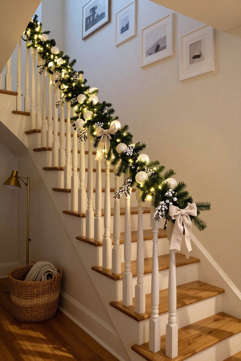 Wooden staircase with white-painted railing wrapped in evergreen garland decorated with white spherical ornaments, fairy lights, white berries, pine sprigs, and beige linen ribbons, next to a gold floor lamp and wicker basket on hardwood floor.