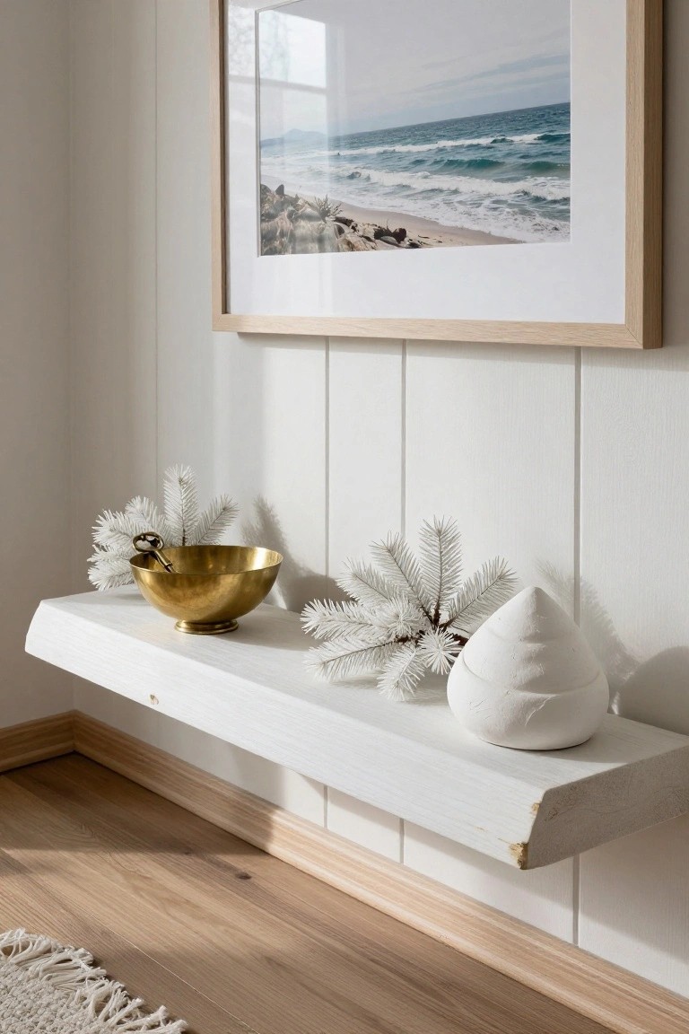 White floating wood shelf on a white shiplap wall displaying a brass singing bowl with striker, clusters of white faux pine branches, and a white cone-shaped object, beside a framed photo of ocean waves and rocks.