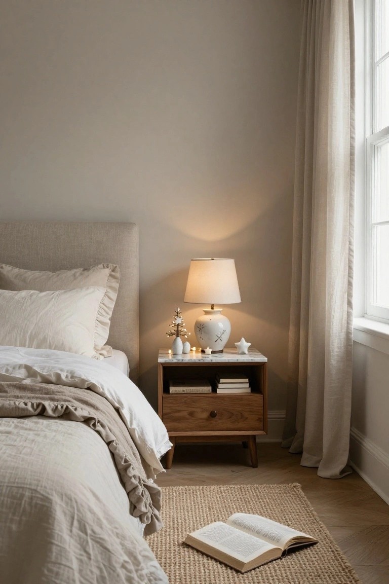 Bedroom corner showing upholstered bed with beige linens and ruffled duvet, wooden nightstand with marble top holding white lamp, small white Christmas tree, star, vases, and books, beside window with sheer curtains and seagrass rug on wood floor.