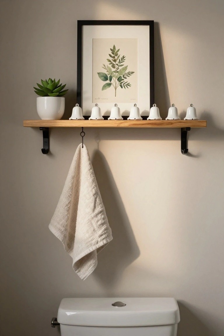 Wooden floating shelf on a beige bathroom wall holding white potted succulent, black-framed leaf print, and nine white ceramic bells, with beige towel on hook below and white toilet underneath.