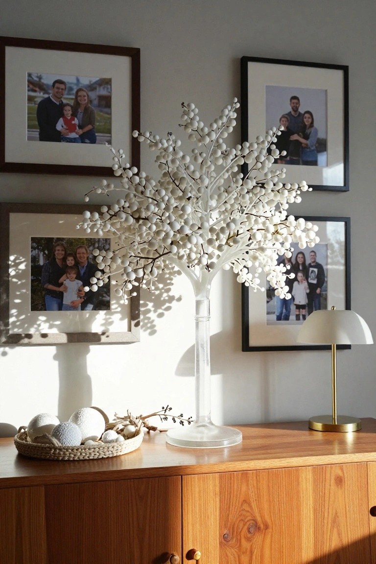 Tall artificial tree with clusters of white berries on a wooden credenza against a gray wall with framed family photos, a woven basket of white textured spheres, and a white lamp nearby.