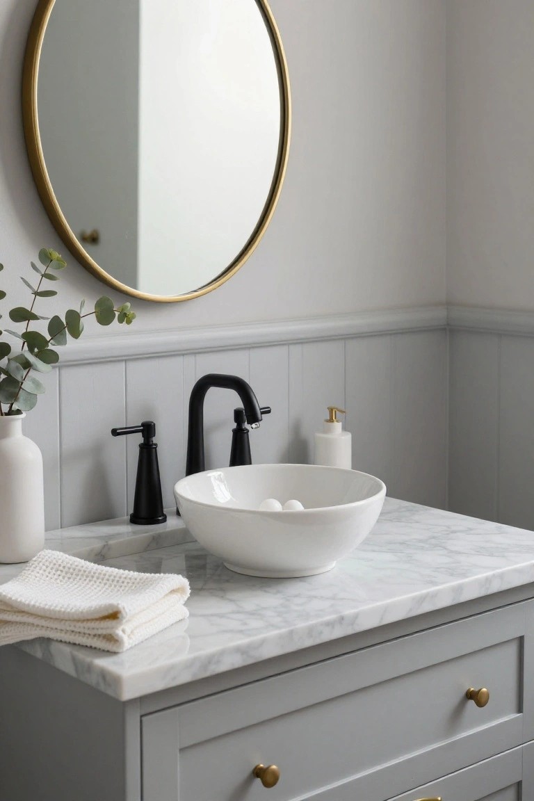 Bathroom vanity with gray cabinetry, white marble countertop, white vessel sink filled with white eggs, black faucet, gold soap dispenser, round gold mirror, eucalyptus in white vase, and white towel.