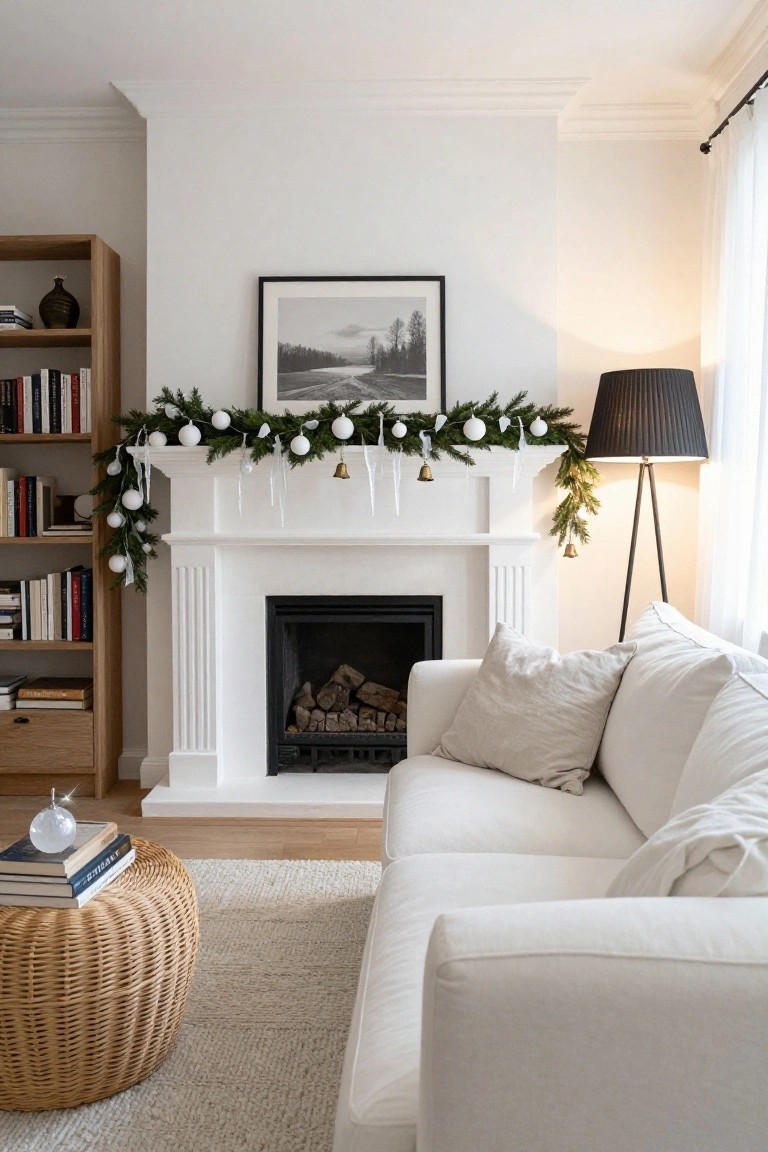 White marble fireplace mantel with evergreen garland draped across it, adorned with white round ornaments, bells, and hanging icicle ribbons, next to oak bookshelves and a white linen sofa in a light-filled living room.