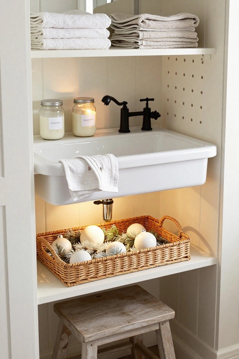 Open wooden shelving unit in a bathroom holding stacked white towels on top shelves, lotion jars, a white porcelain sink with draped towel and black faucet, a woven basket of white Christmas ornaments underneath, and a small wooden stool beside it.
