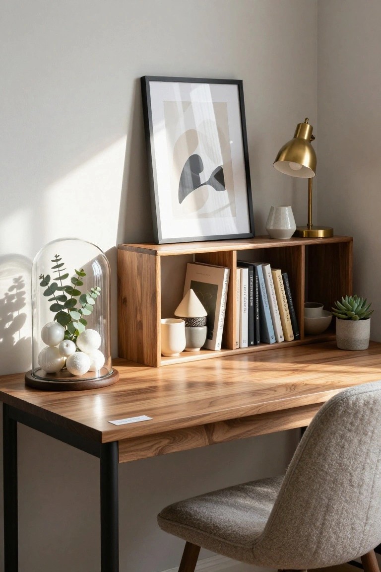 Corner of a room with a wooden desk and upholstered chair, a glass cloche on the desk holding white ornaments and eucalyptus branches, wooden shelves with books and plants, abstract wall art, and a brass lamp.