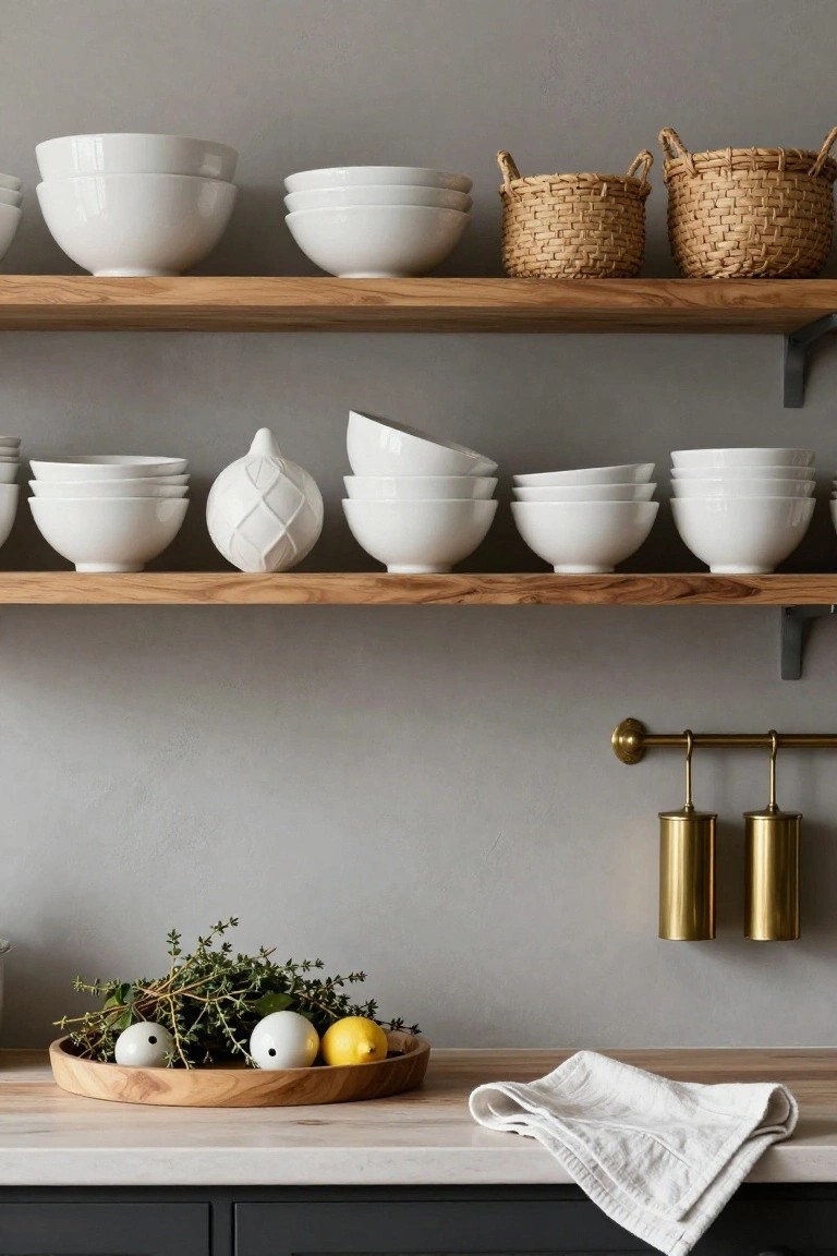 Kitchen countertop with wooden tray holding white pierced spheres, fresh thyme sprigs, and a yellow lemon, open oak shelves above displaying stacked white porcelain bowls, a white decorative vase, and wicker baskets.