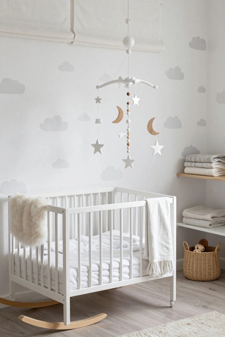 White wooden crib with fur throw and white bedding in a nursery featuring cloud decals on walls, a hanging mobile with white stars and wooden moons, shelves of linens, and a basket of toys.