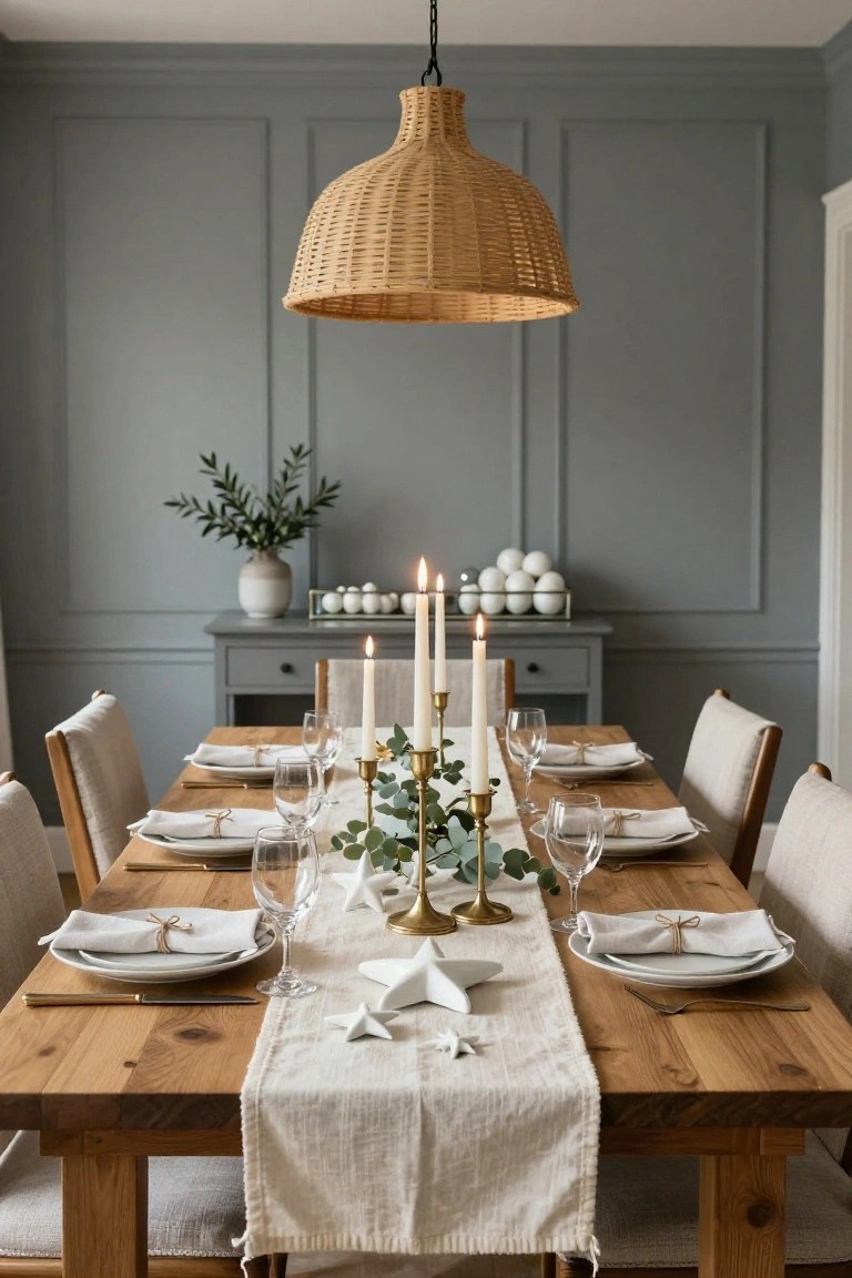 Dining room with wooden table set for Christmas, featuring a white linen runner scattered with white starfish ornaments, gold candelabra holding white candles and eucalyptus, white plates with twine-tied napkins, wine glasses, and chairs upholstered in beige fabric against gray paneled walls.