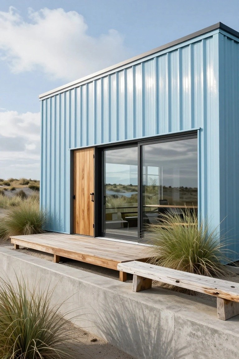 A small modern house clad in blue corrugated metal panels, featuring a wooden entry door, large sliding glass window, wooden deck with bench, and native grasses on a sandy dune beside water.