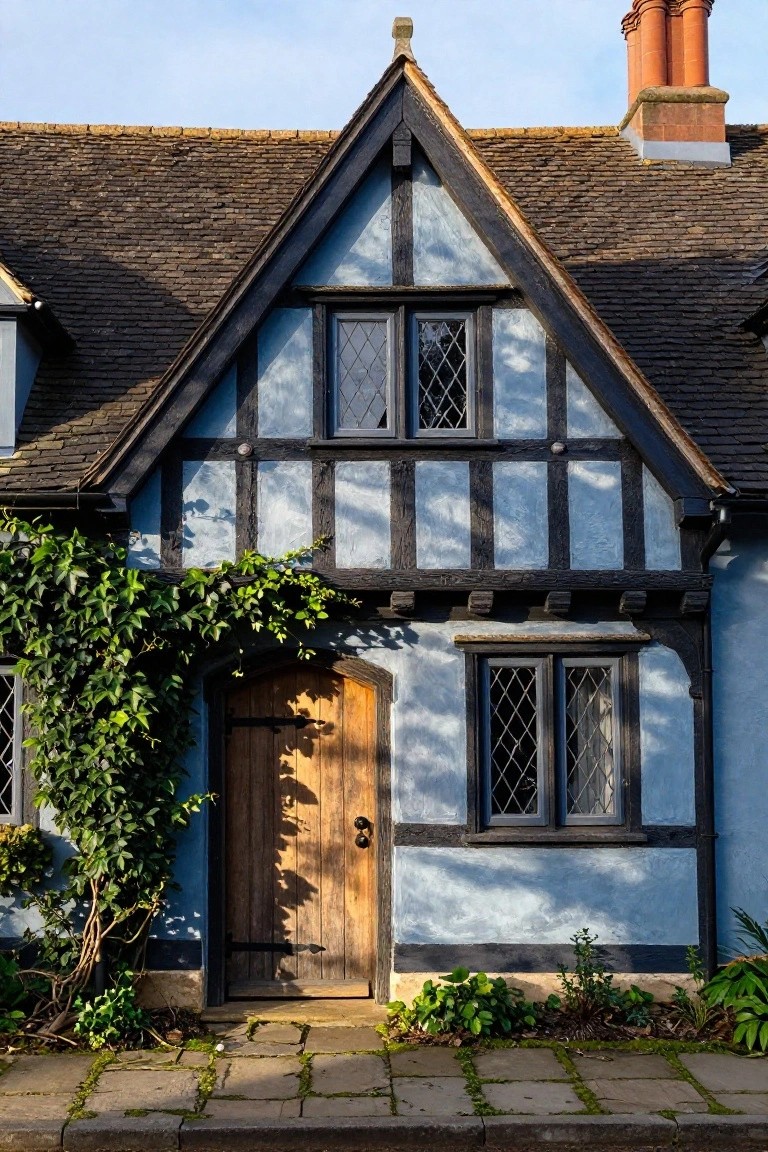 Blue half-timbered house exterior with dark wooden beams, leaded glass windows, ivy on the left side, wooden front door, and stone pathway in front.