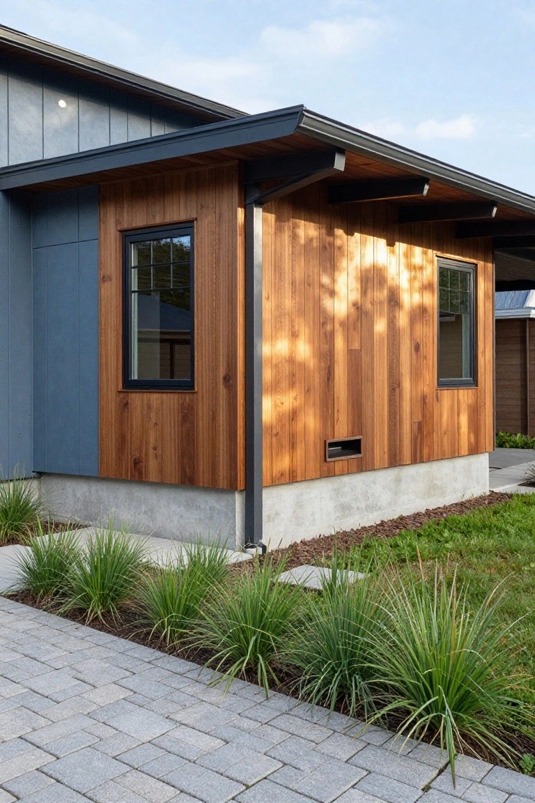 Corner view of a house exterior with blue vertical siding on the left, warm-toned vertical wood cladding on the right, black-framed windows, dark roof overhang, downspout, concrete foundation, and low grasses along a paver walkway.