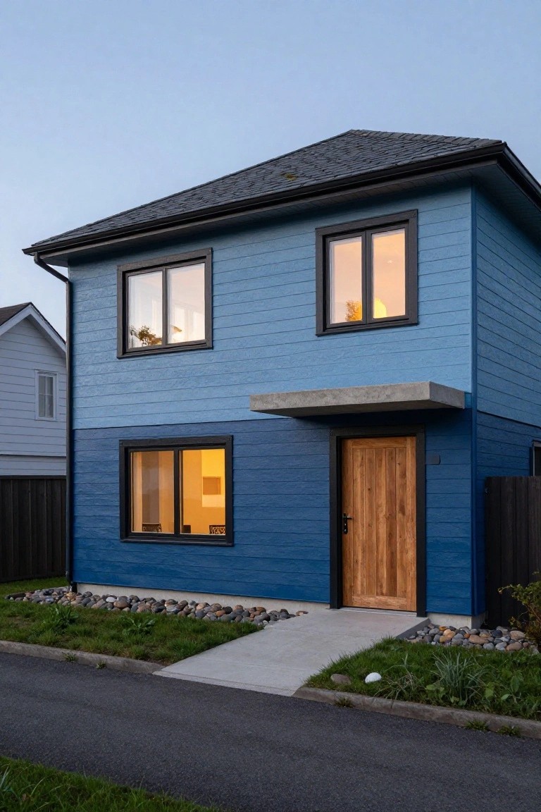 A two-story house painted blue with horizontal siding, black window frames, glowing interior lights, a wooden front door under a concrete canopy, river rock landscaping, and a concrete pathway at dusk.