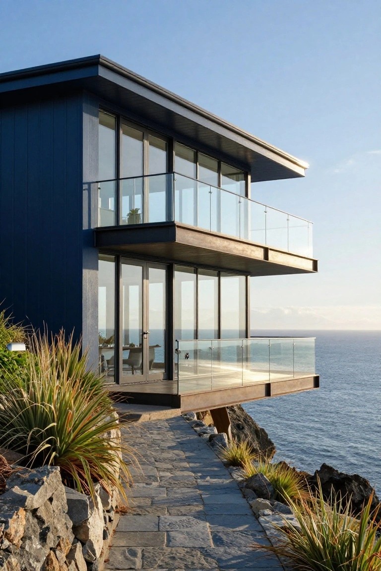 Modern two-story house with dark blue vertical wood cladding, large glass walls and frameless balcony extending over the ocean, stone path with grasses and rocks leading to the entrance.