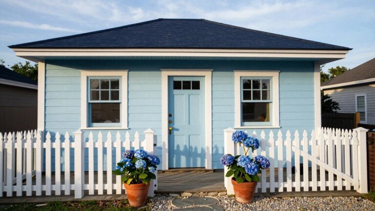 18 Blue Exterior House Colors Ideas Light blue clapboard house with dark gabled roof, white trim, front porch, white picket fence, and blue hydrangea bushes on either side of stone path.