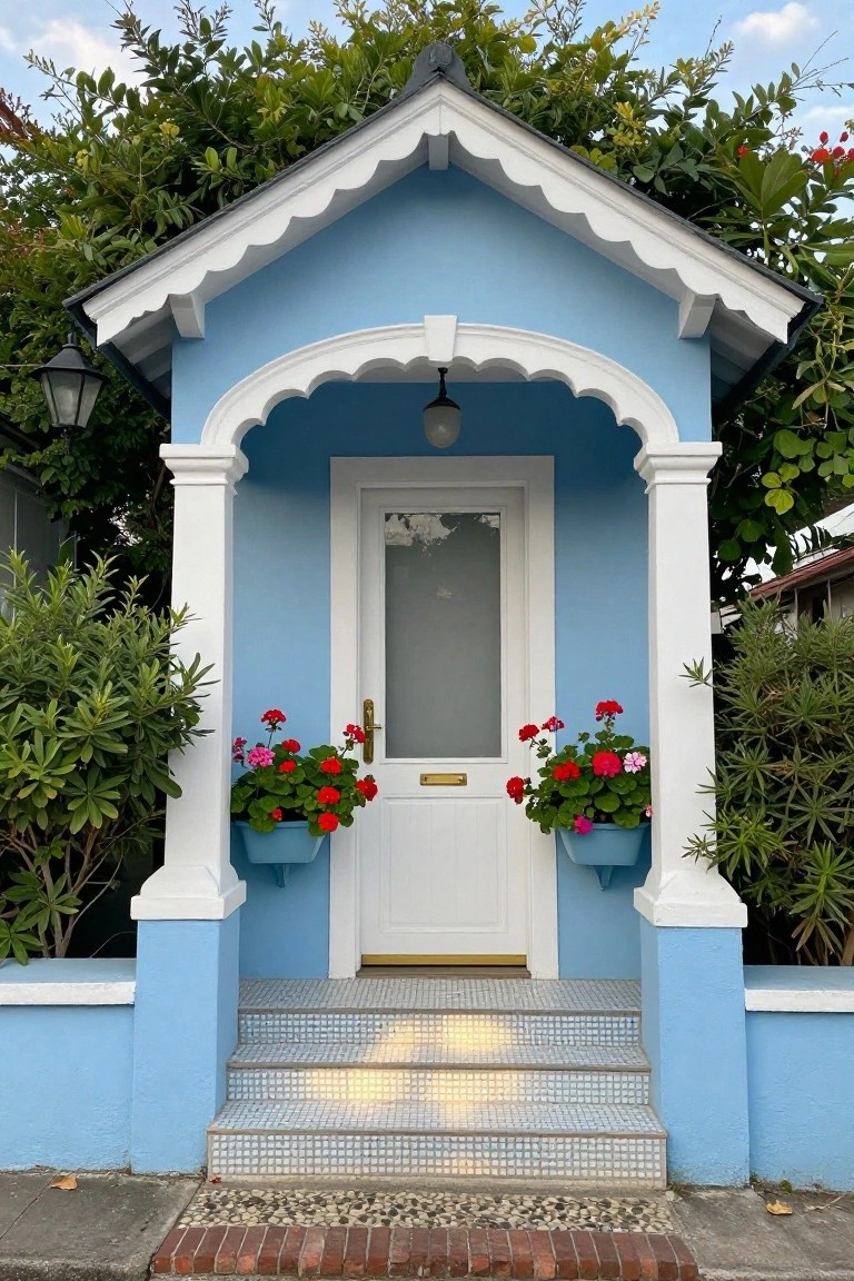 Light blue house with white scalloped trim, arched porch, white front door with frosted glass, flanked by blue pots of red geraniums, greenery on sides, tiled steps, and lantern light.
