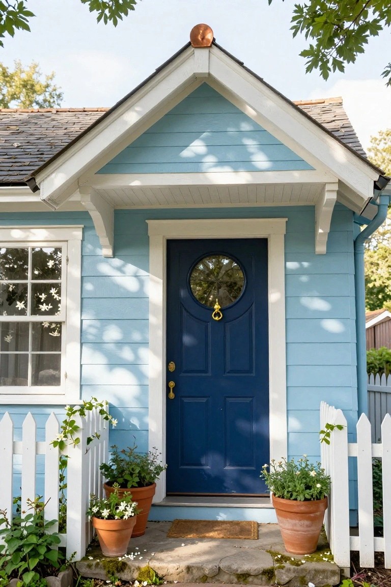 Light blue clapboard house exterior with white trim and gable porch, navy blue front door with round window and brass knocker, flanked by terracotta pots with plants and white picket fence.