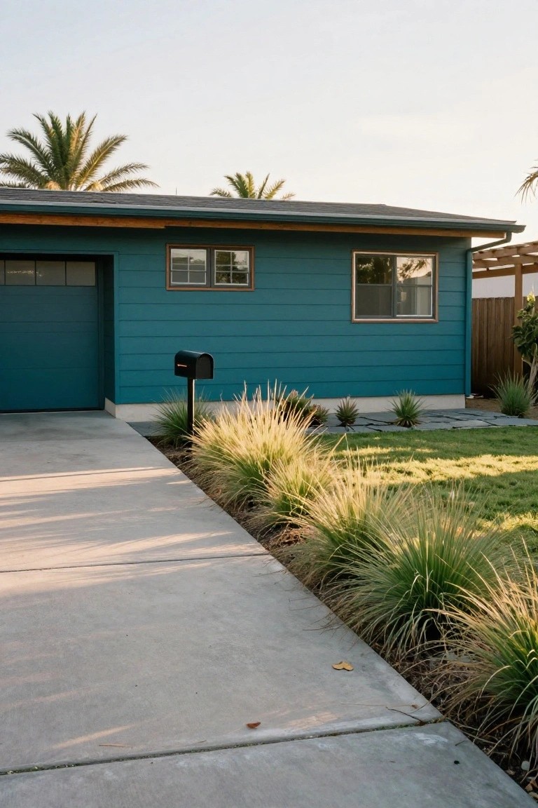 Teal house exterior with dark garage door, wood-trimmed windows, black mailbox, concrete driveway, border of ornamental grasses, green lawn, and palm trees at sunset.