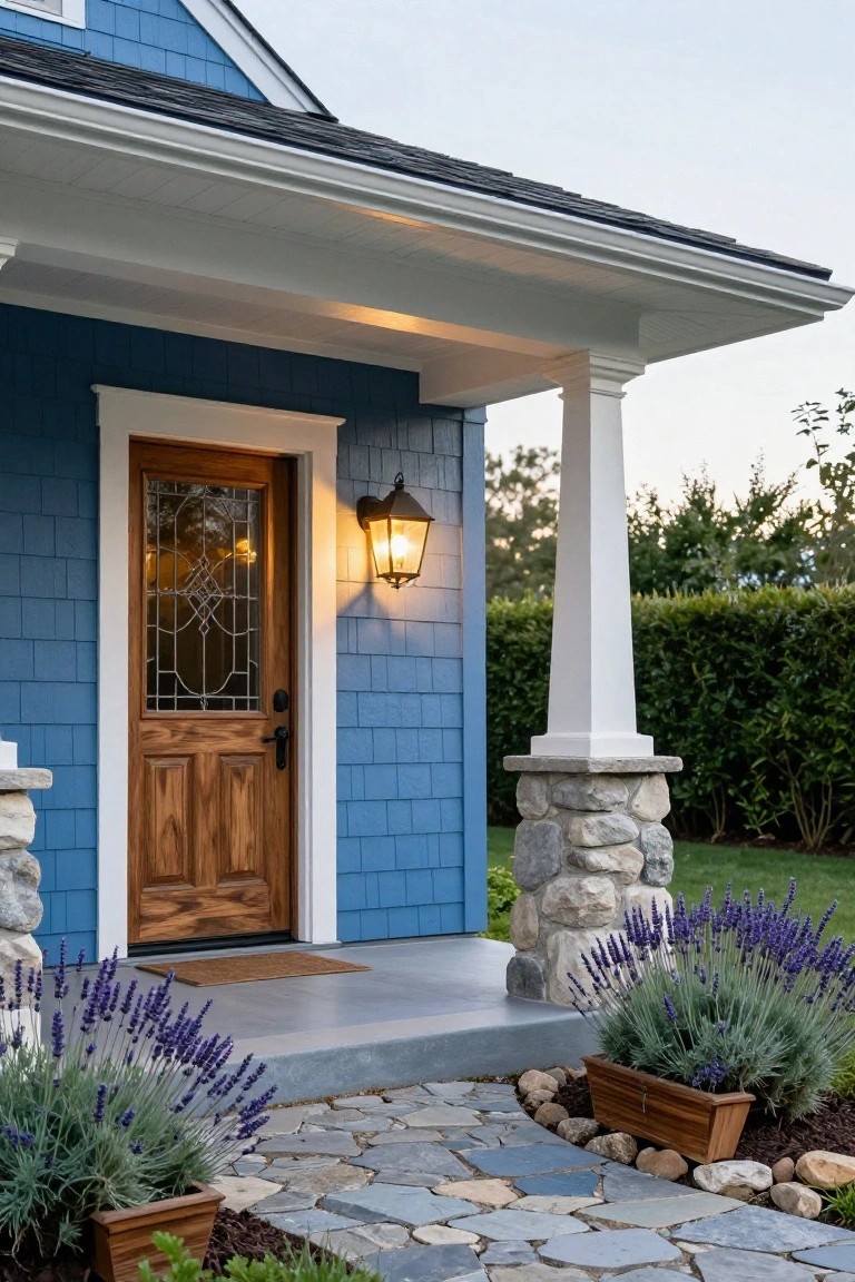 Front exterior of a navy blue shingle-sided house featuring a wooden door with leaded glass, white porch columns on stone bases, lantern light, and lavender plants beside a stone path.