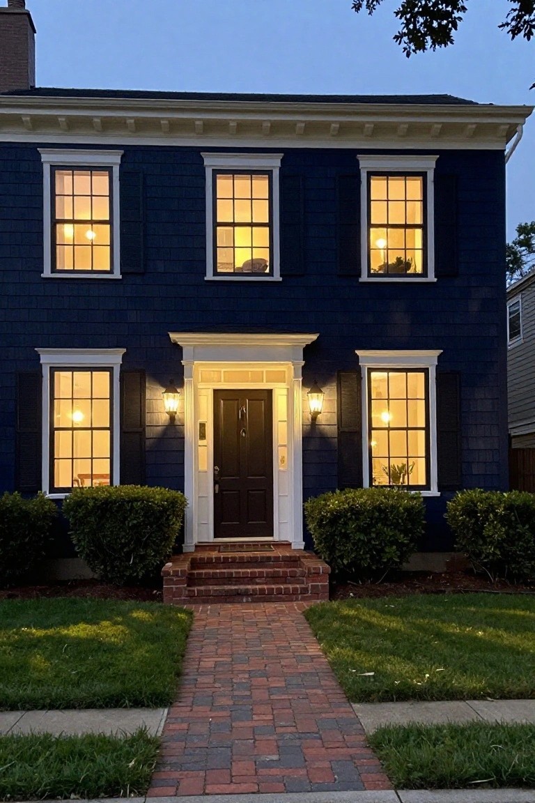 A two-story navy blue shingle house with white trim, multipaned windows lit from inside, a dark wood front door, brick steps, and low shrubs along the front path at dusk.