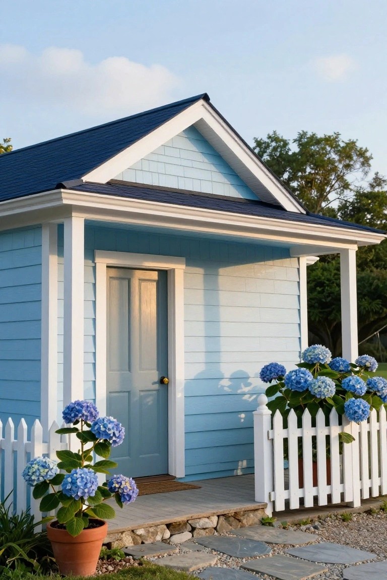 Light blue clapboard house with dark gabled roof, white trim, front porch, white picket fence, and blue hydrangea bushes on either side of stone path.