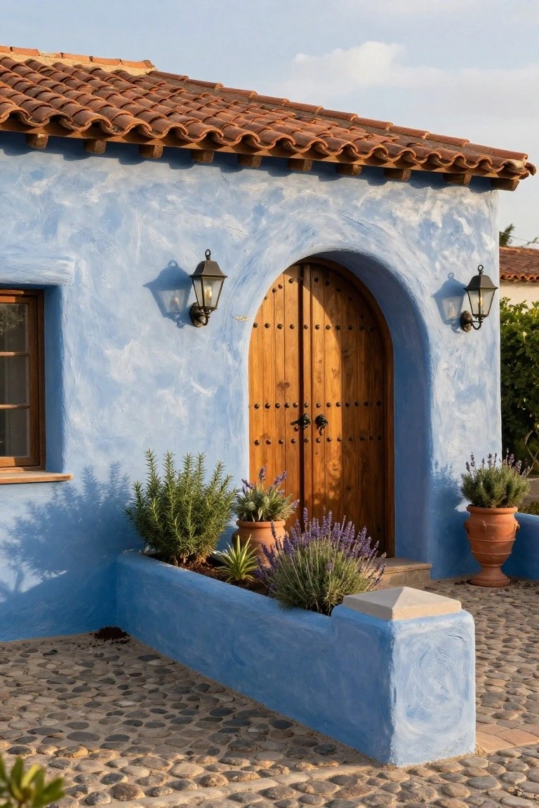 Blue stucco house exterior with arched wooden door, wall lanterns, potted rosemary and lavender plants, terracotta tile roof, and pebble stone pathway.