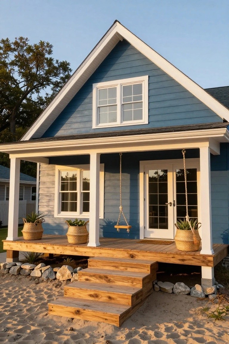 Blue clapboard house with gabled roof, white trim, double doors, porch swing, potted plants, wooden deck, and steps leading to sandy ground with rocks.